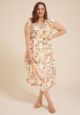 Plus Size Cool Crepe Floral Flutter Sleeve Wrap Midi Dress, MULTI COMBO, small