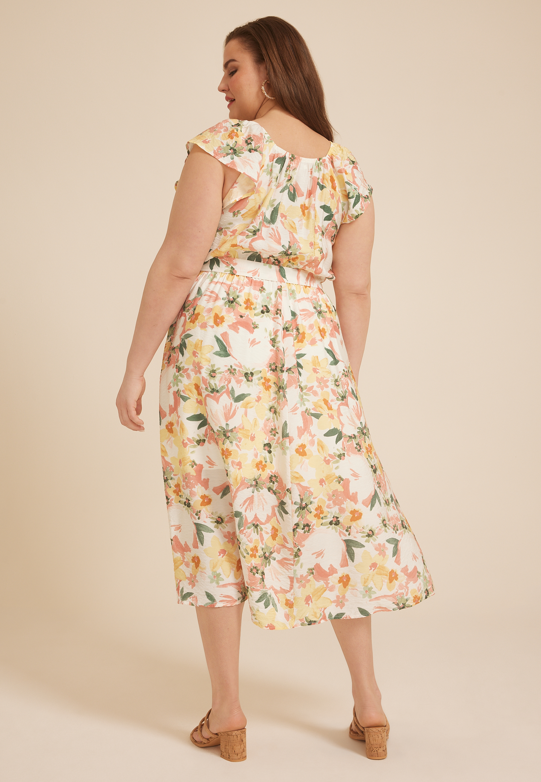 Plus Size Cool Crepe Floral Flutter Sleeve Wrap Midi Dress, MULTI COMBO, large