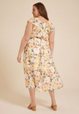 Plus Size Cool Crepe Floral Flutter Sleeve Wrap Midi Dress, MULTI COMBO, small
