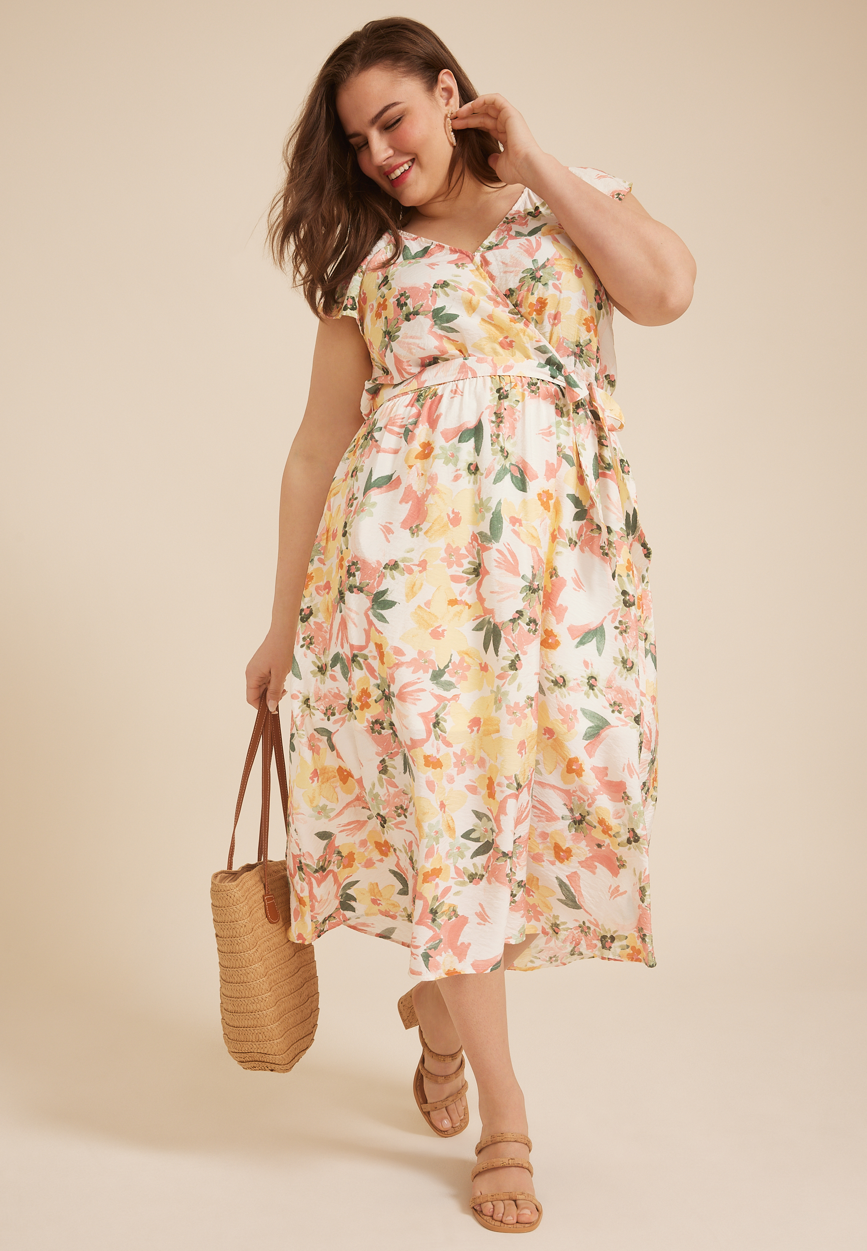 Plus Size Cool Crepe Floral Flutter Sleeve Wrap Midi Dress, MULTI COMBO, large