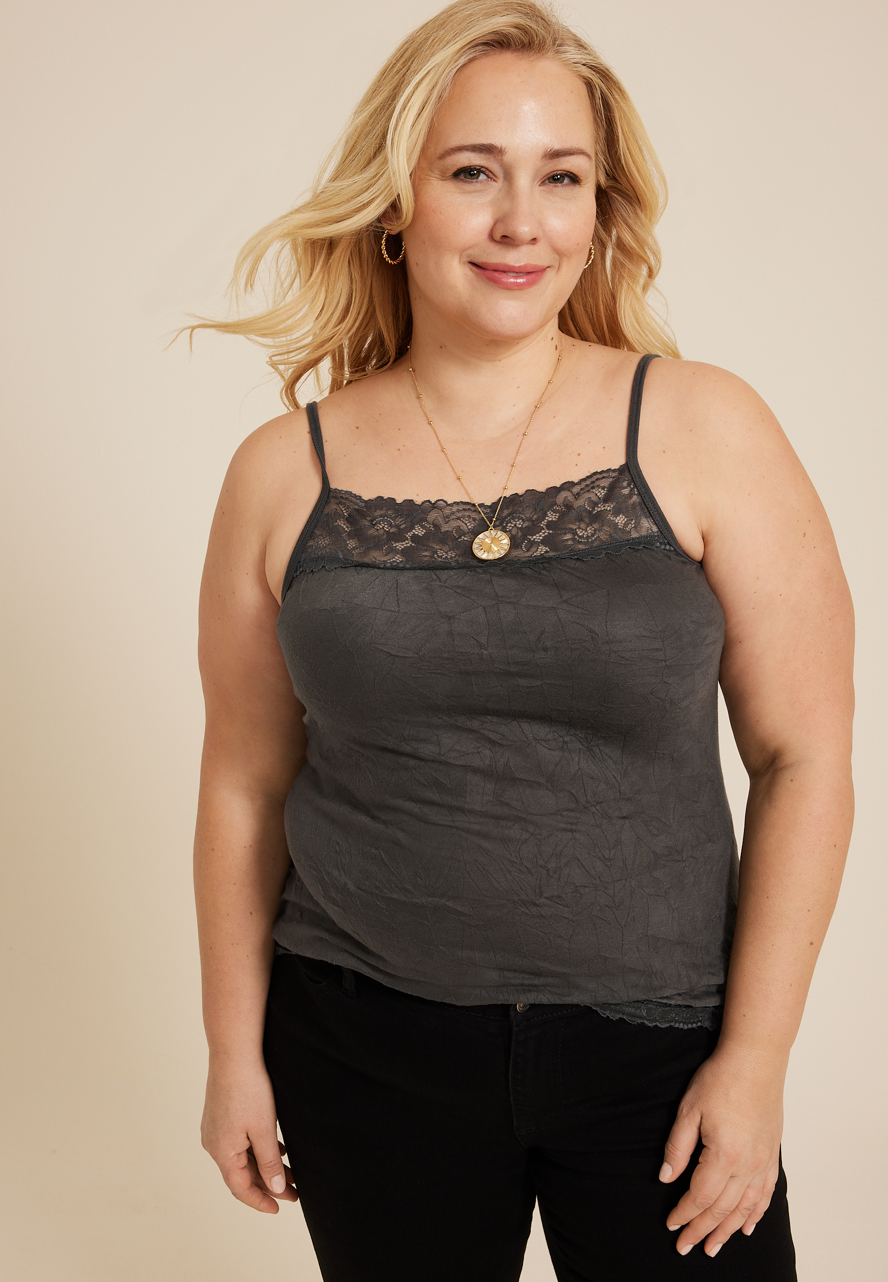 Plus Size Lace Trim Crinkle Cami
