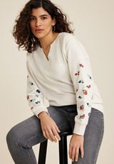 Embroidered Floral Sleeve Relaxed Fit Sweatshirt, C3363, small