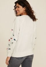 Embroidered Floral Sleeve Relaxed Fit Sweatshirt, C3363, small