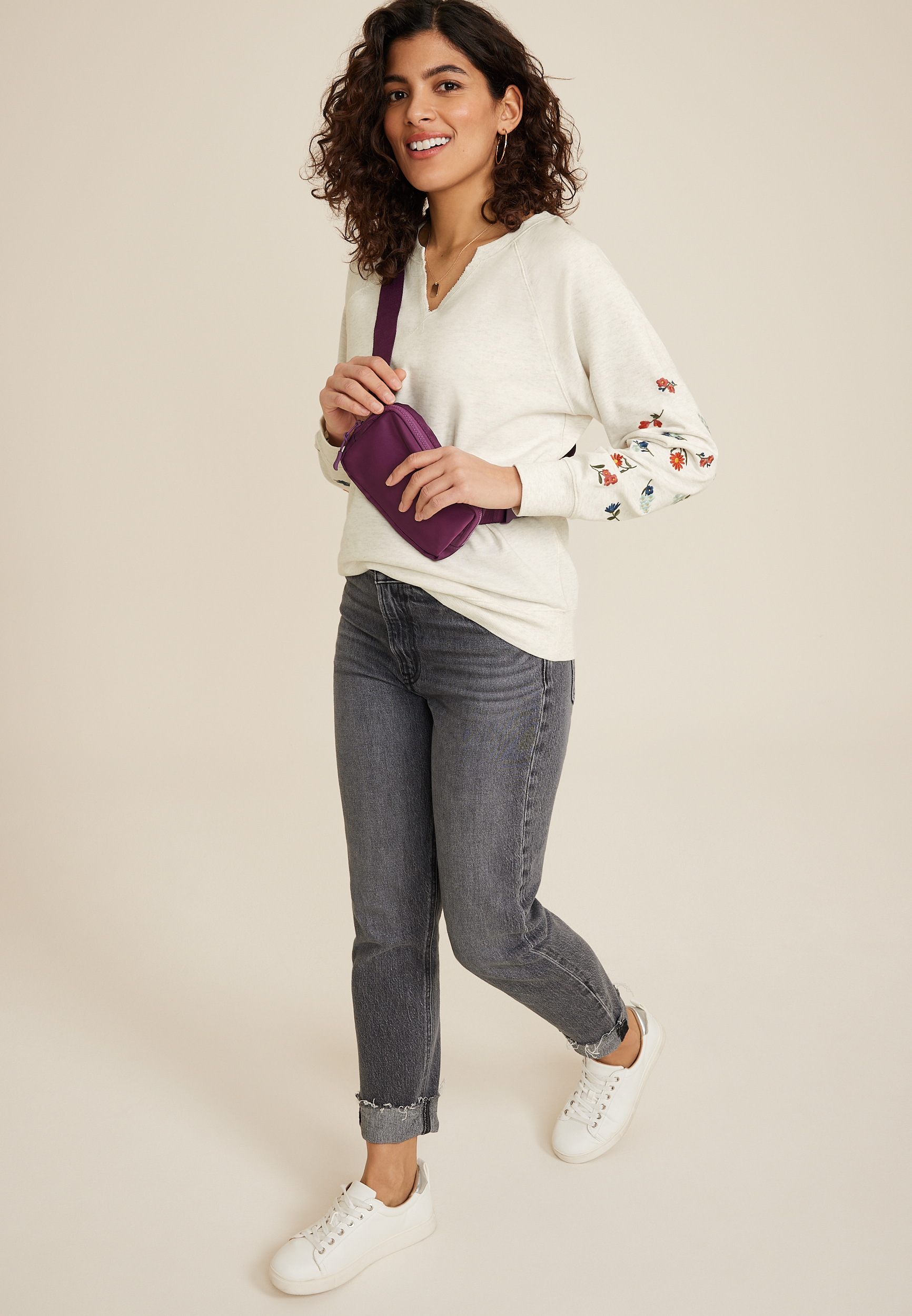 Embroidered Floral Sleeve Relaxed Fit Sweatshirt, C3363, large