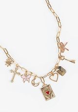 Gold Multi Motif Charm Necklace, GOLD, small