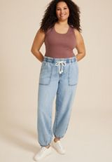 Plus Size Soft Light Denim Mid Rise Drawstring Ankle Jogger, C2806, small