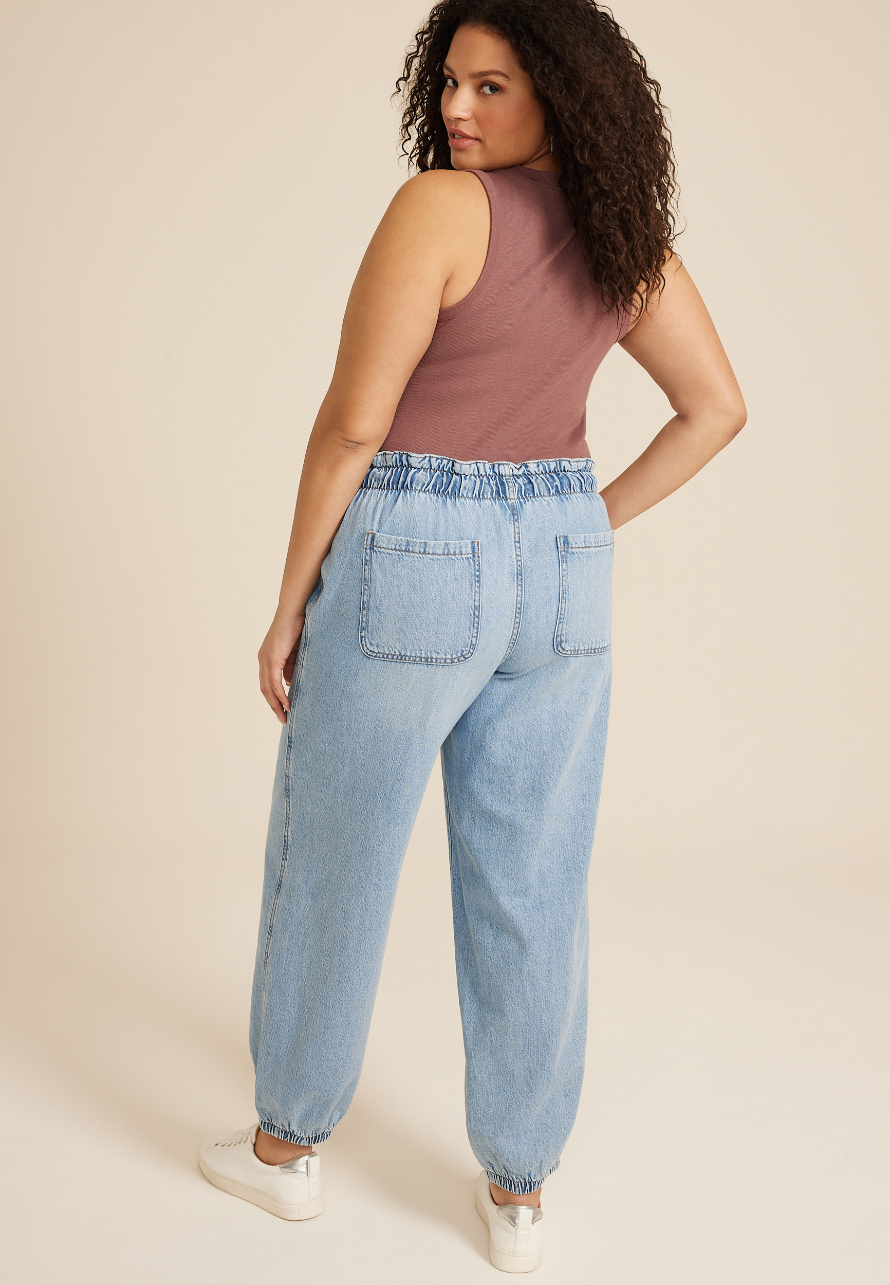 Plus Size Soft Light Denim Mid Rise Drawstring Ankle Jogger, C2806, large