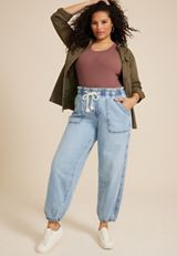 Plus Size Soft Light Denim Mid Rise Drawstring Ankle Jogger, C2806, small