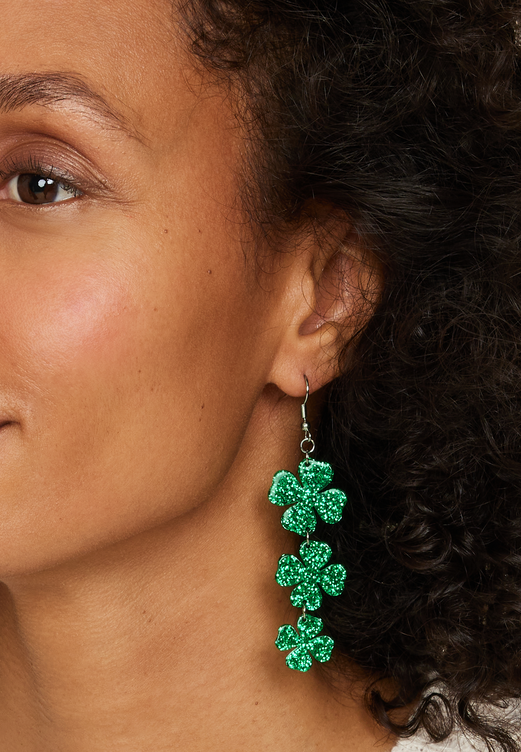 Green Glitter Shamrocks Drop Earrings, GREEN, large