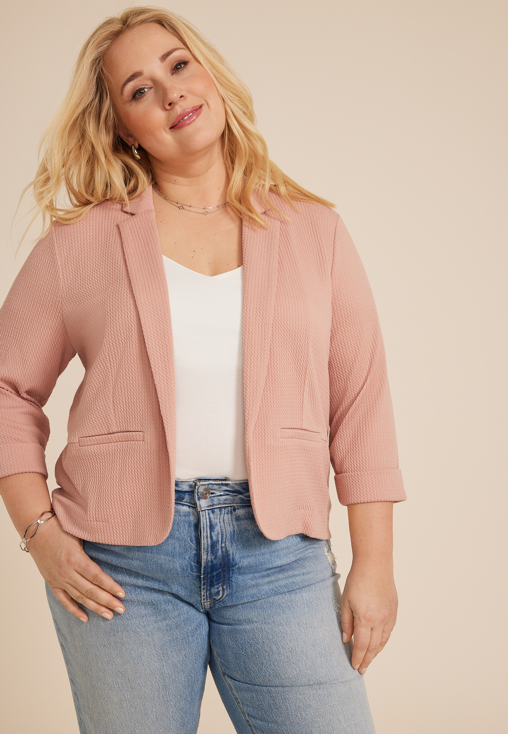 Plus Size Textured Versa Open Front Cropped Blazer