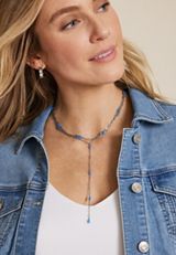 Silver Blue Beaded Y Necklace, , small