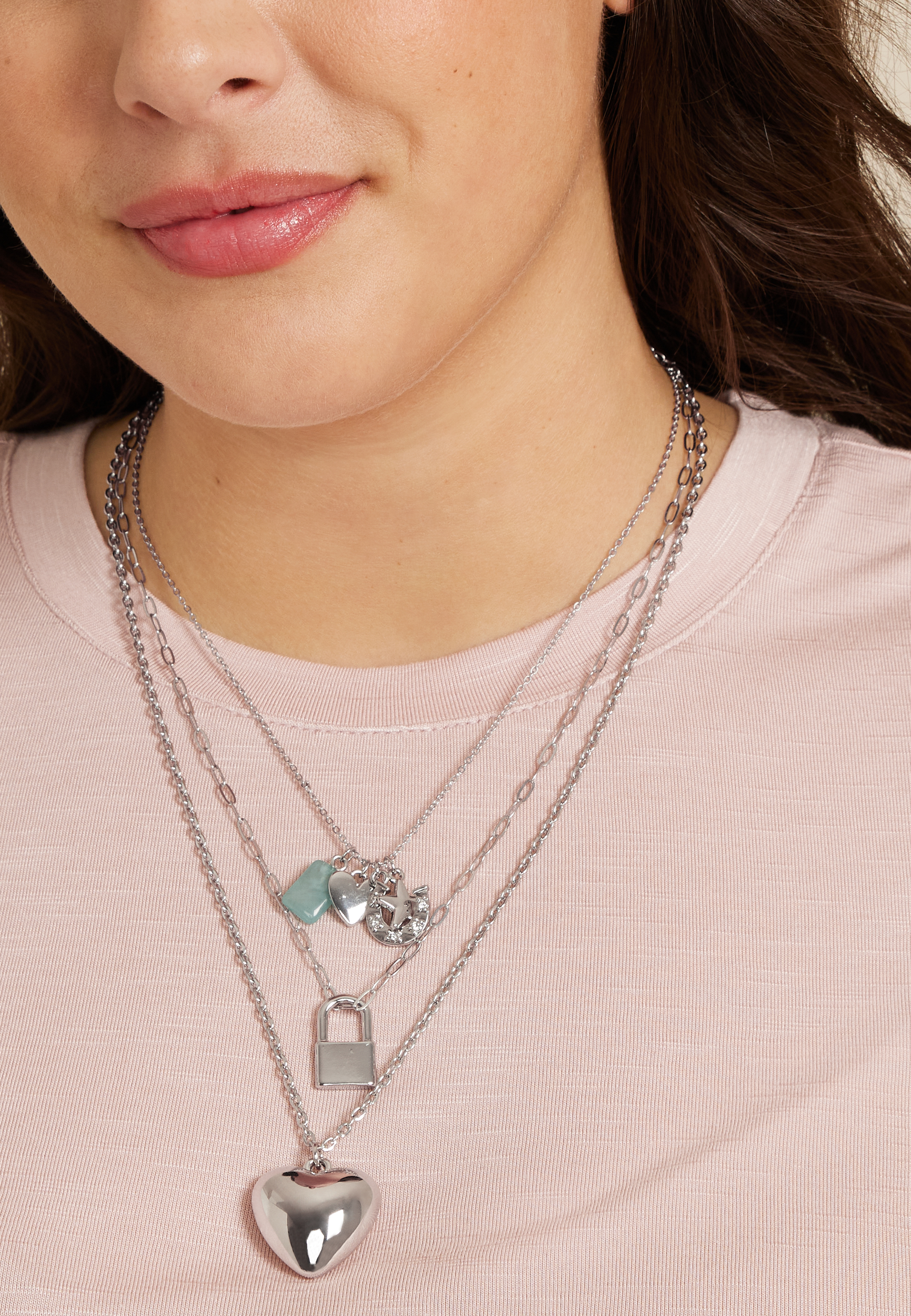 Silver Multi Charm Layered Necklace, C431, large