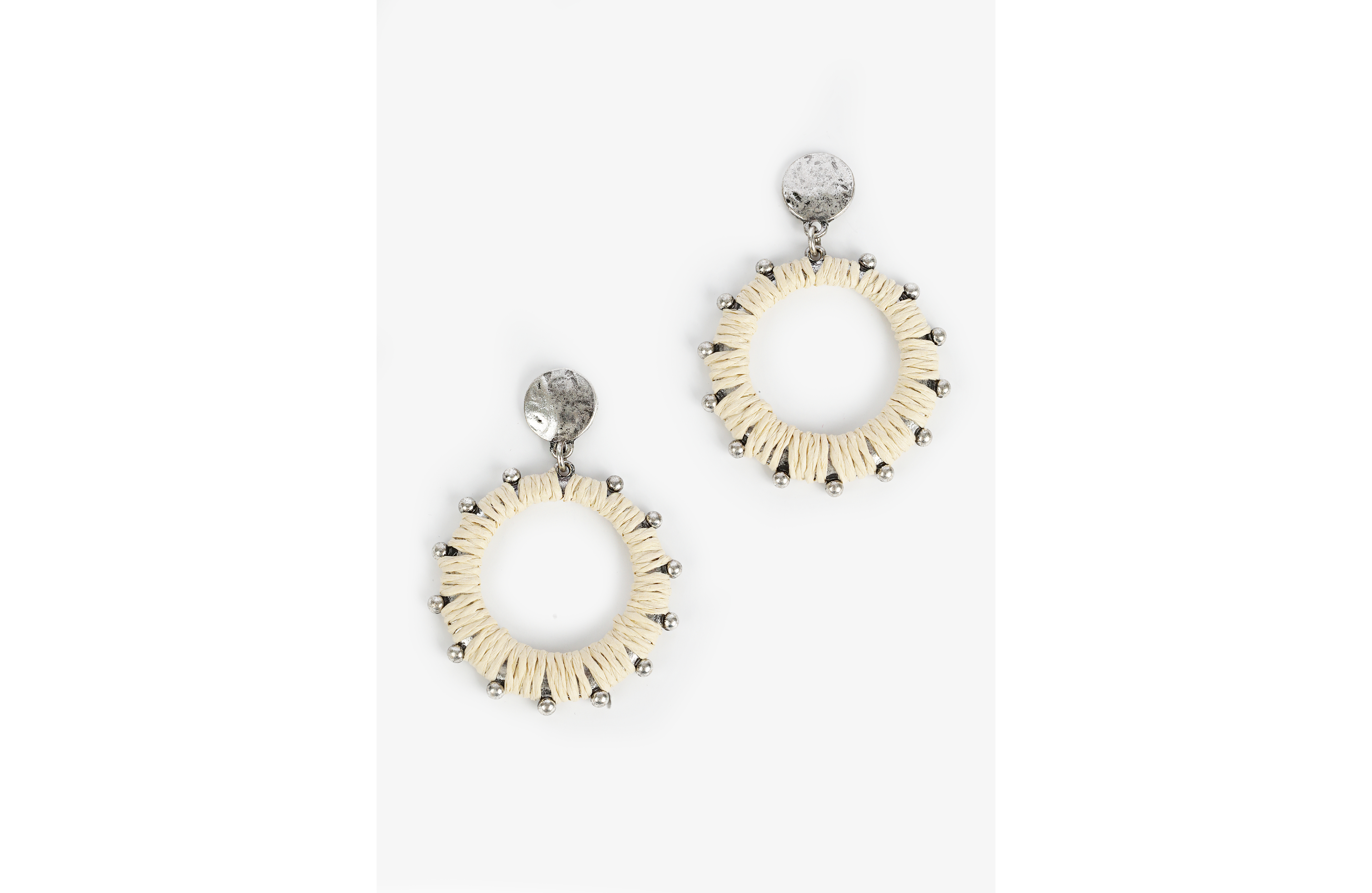 Silver Natural Raffia Studded Hoop Earrings