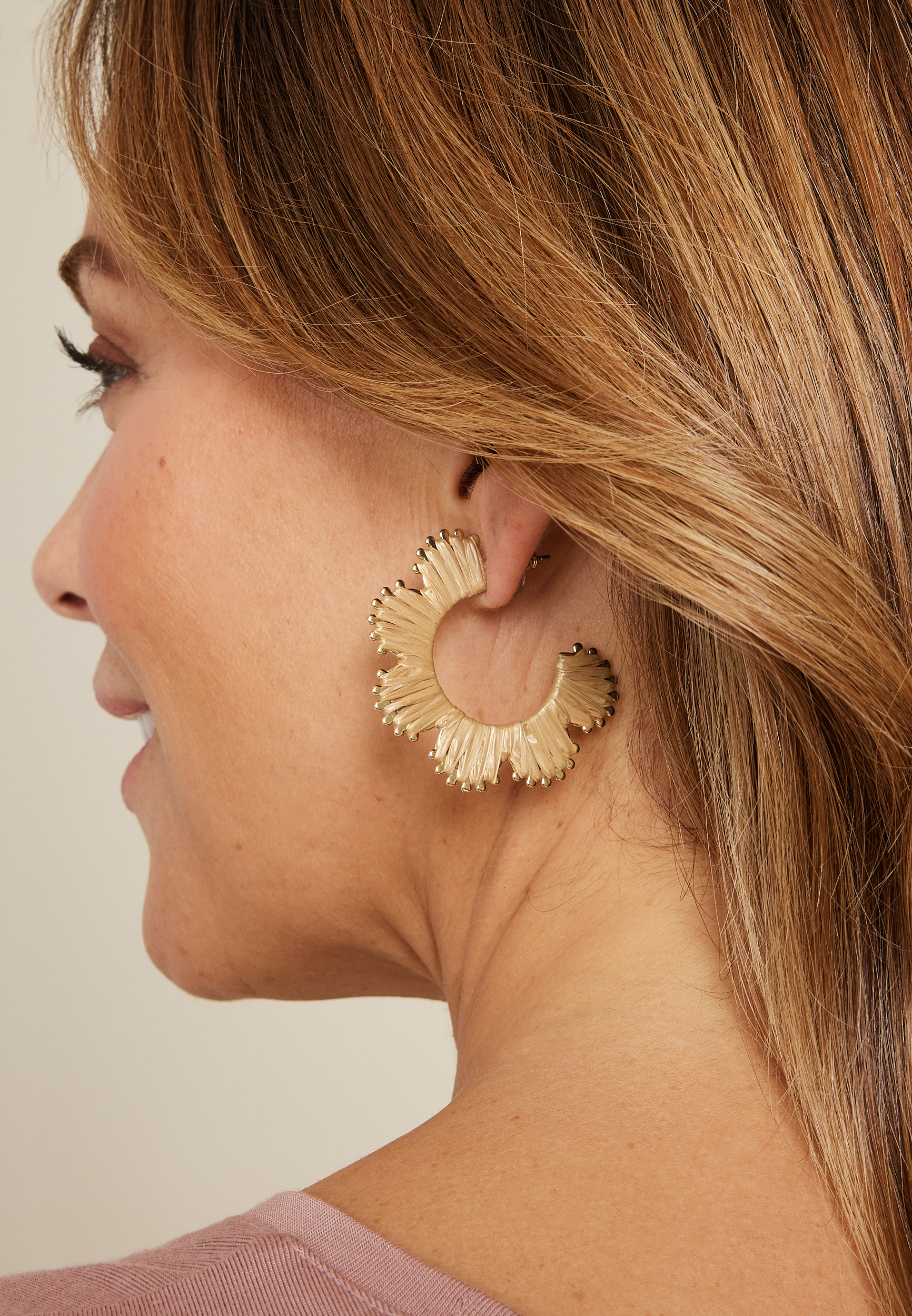 Raffia Wrapped Floral Hoop Earrings, NATURAL, large