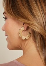 Raffia Wrapped Floral Hoop Earrings, NATURAL, small