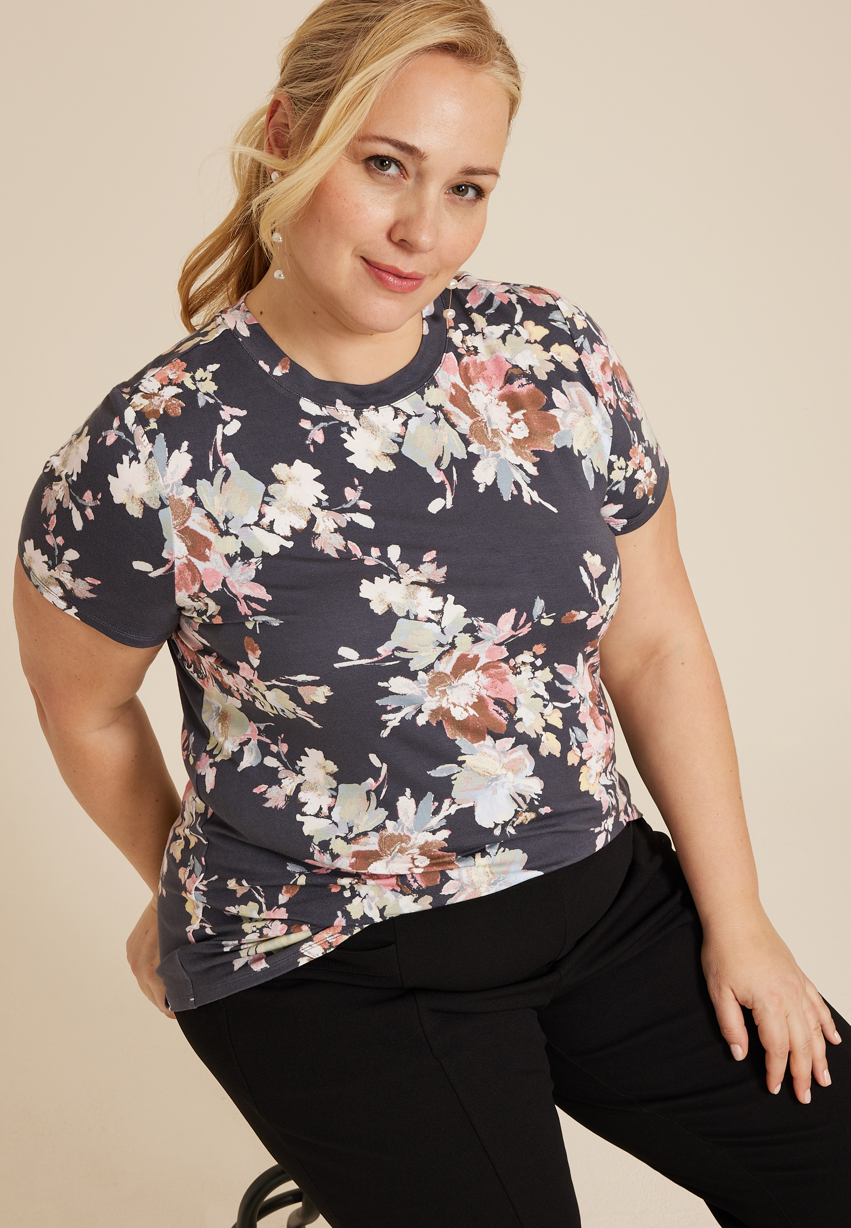 Plus Size 24/7 Kennedy Floral Crew Tee, C2722, large