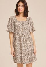 Printed Flutter Sleeve Babydoll Dress, C6121, small
