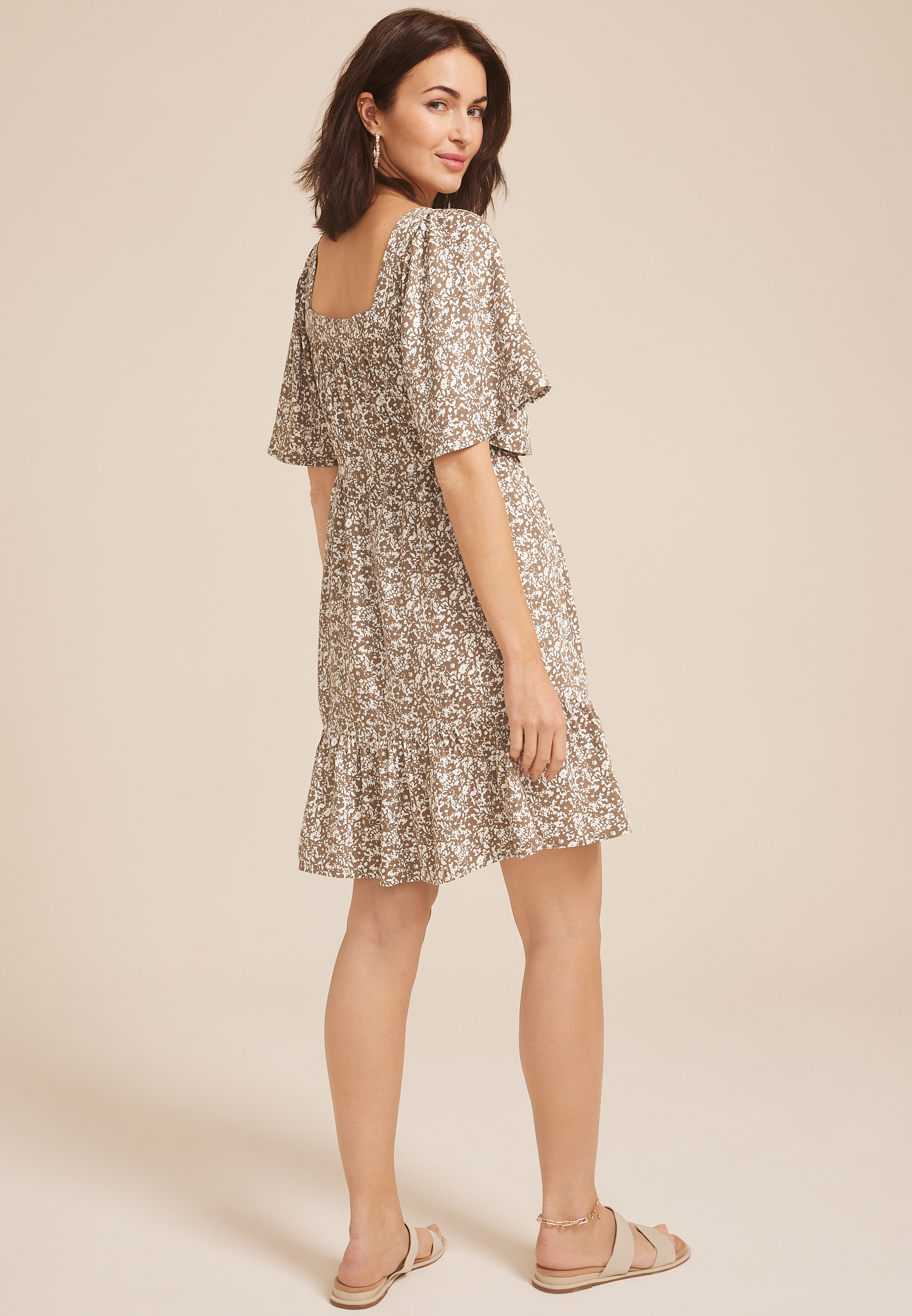 Printed Flutter Sleeve Babydoll Dress, C6121, large