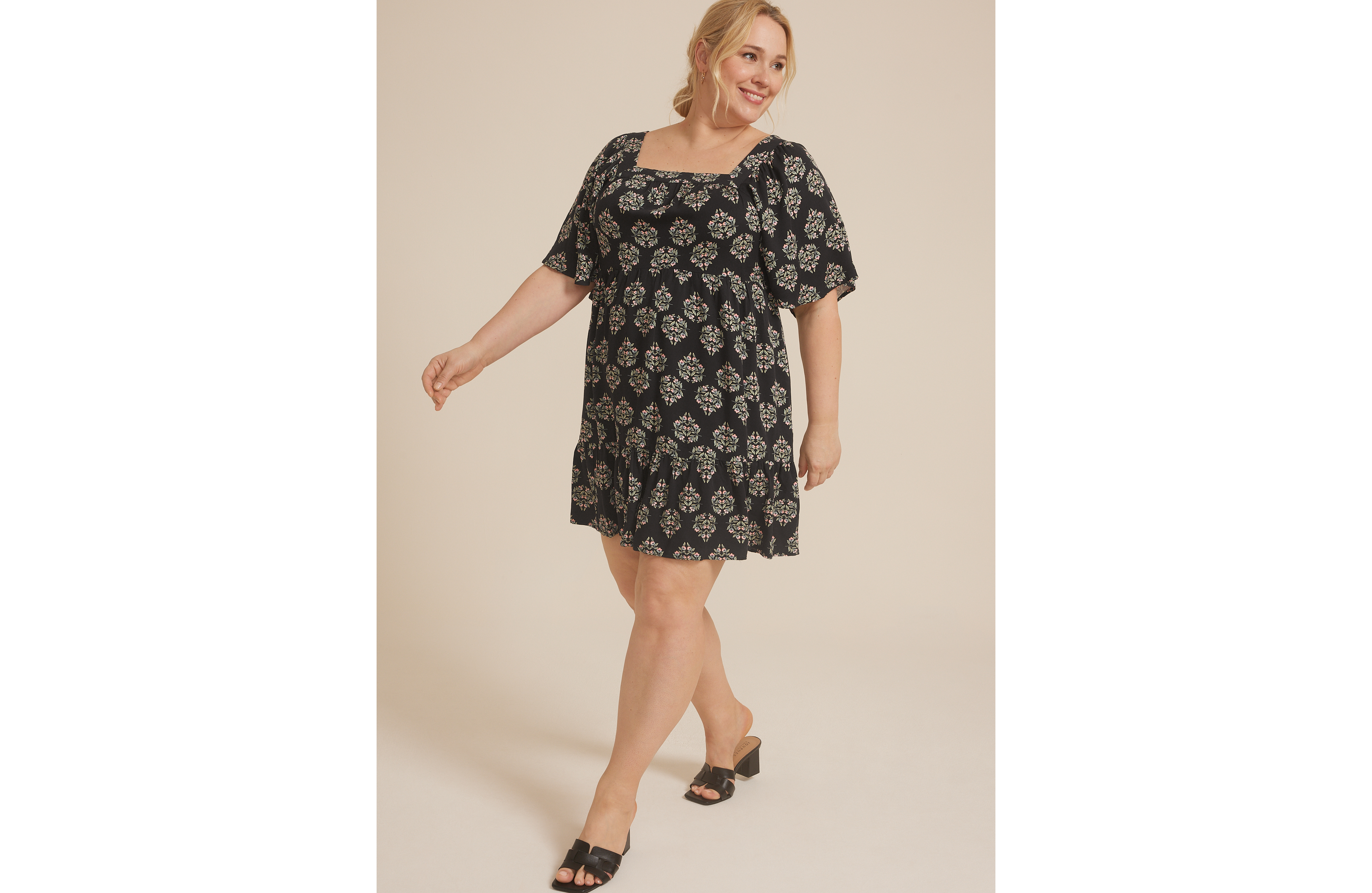 Plus Printed Flutter Sleeve Babydoll Dress