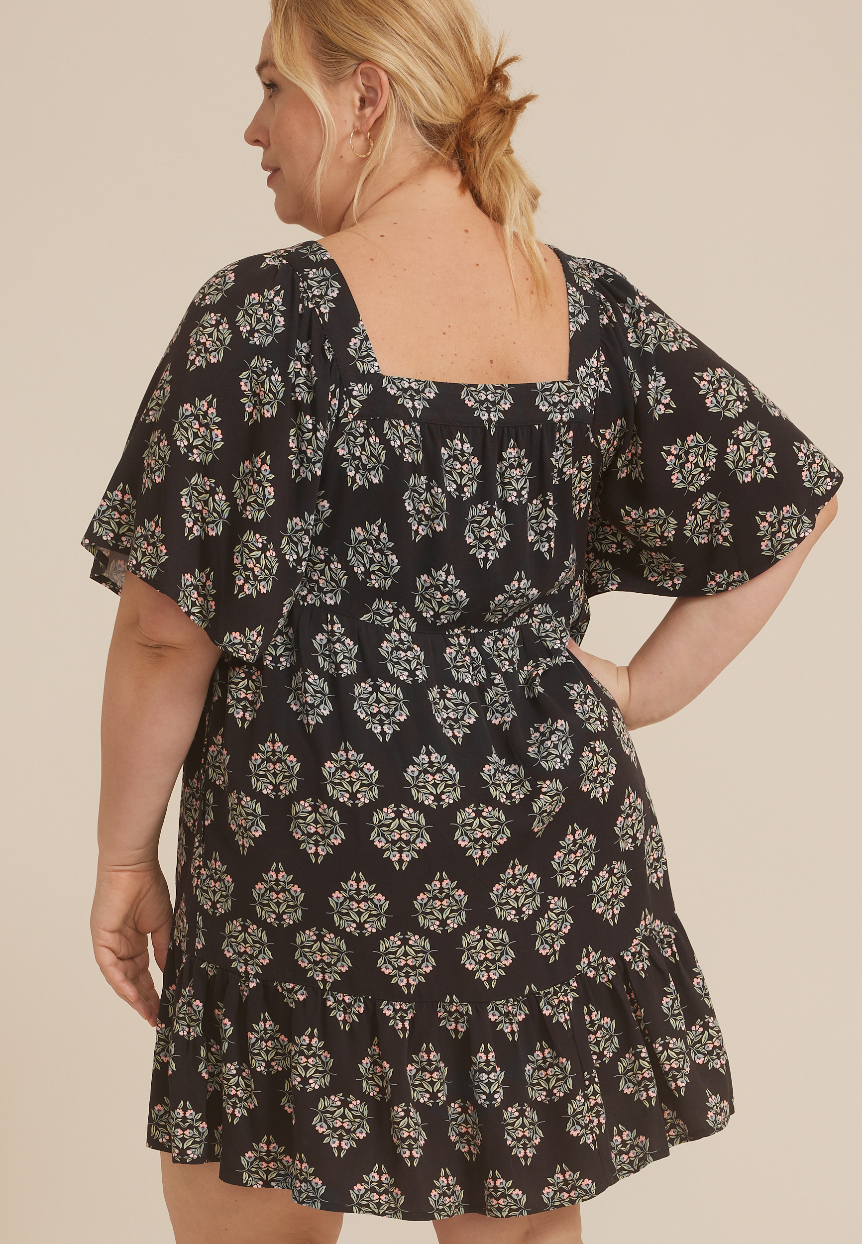 Plus Size Printed Flutter Sleeve Babydoll Dress, C1756, large