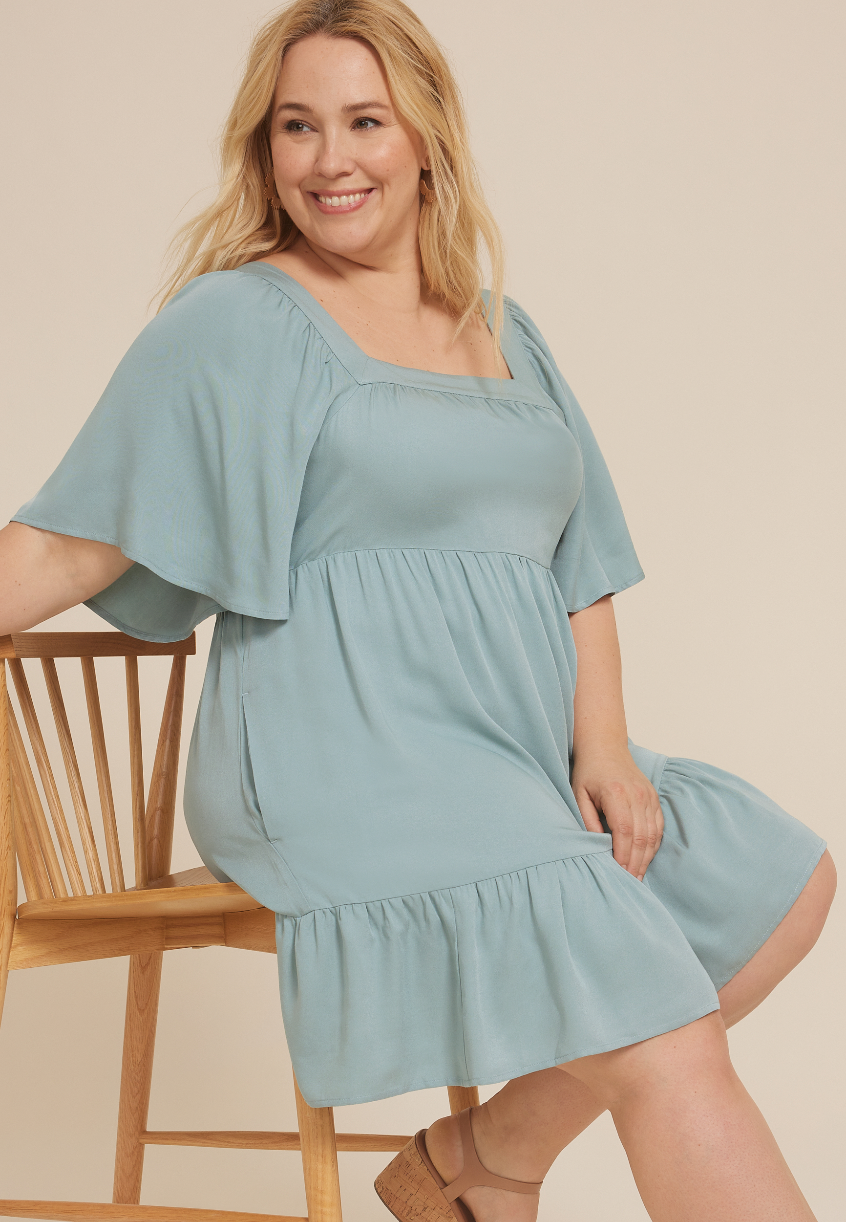Plus Size Flutter Sleeve Babydoll Dress, C9826, large