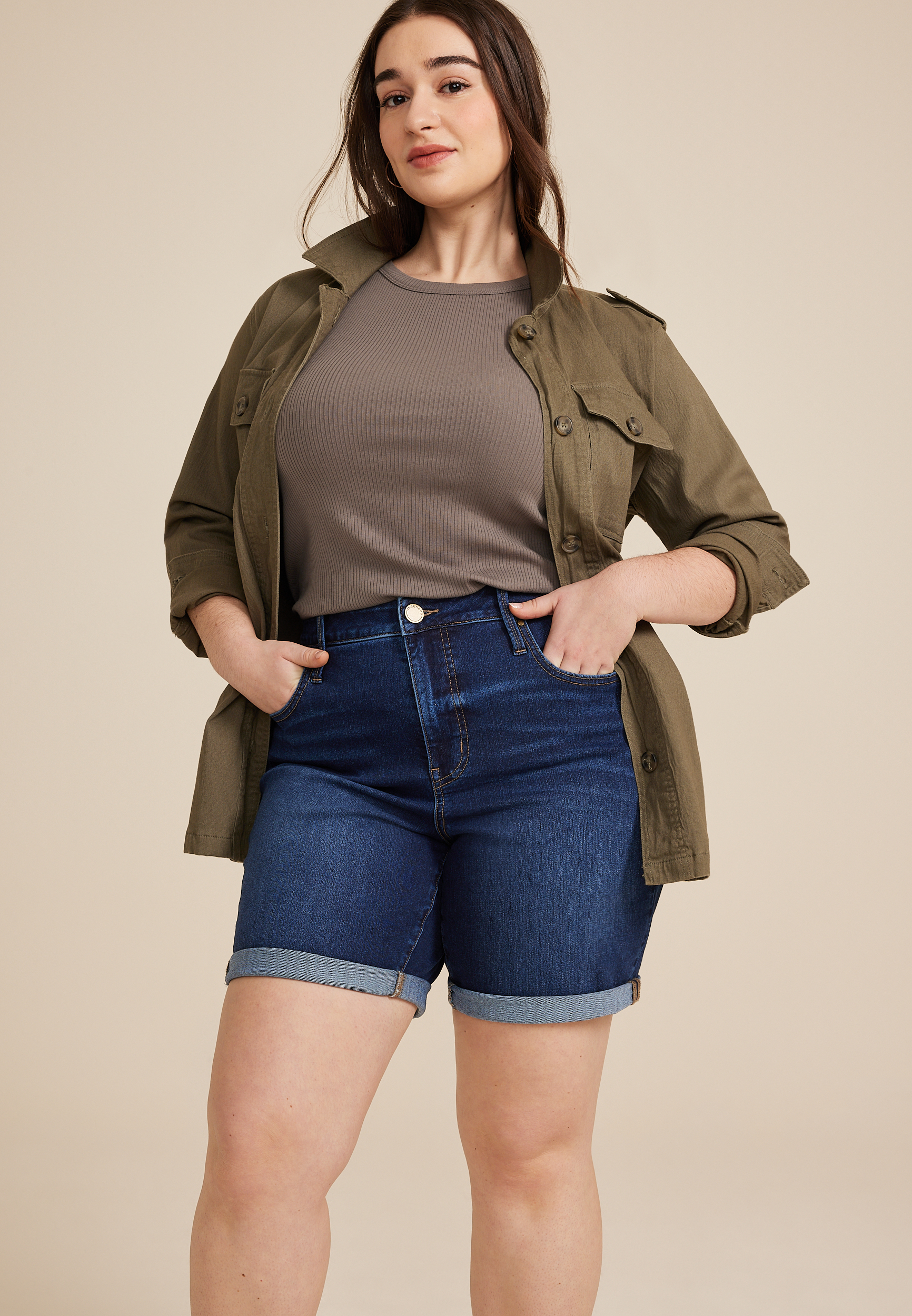 Plus Size Everflex&trade; High Rise Rolled Hem 8in Bermuda Shorts, C258, large