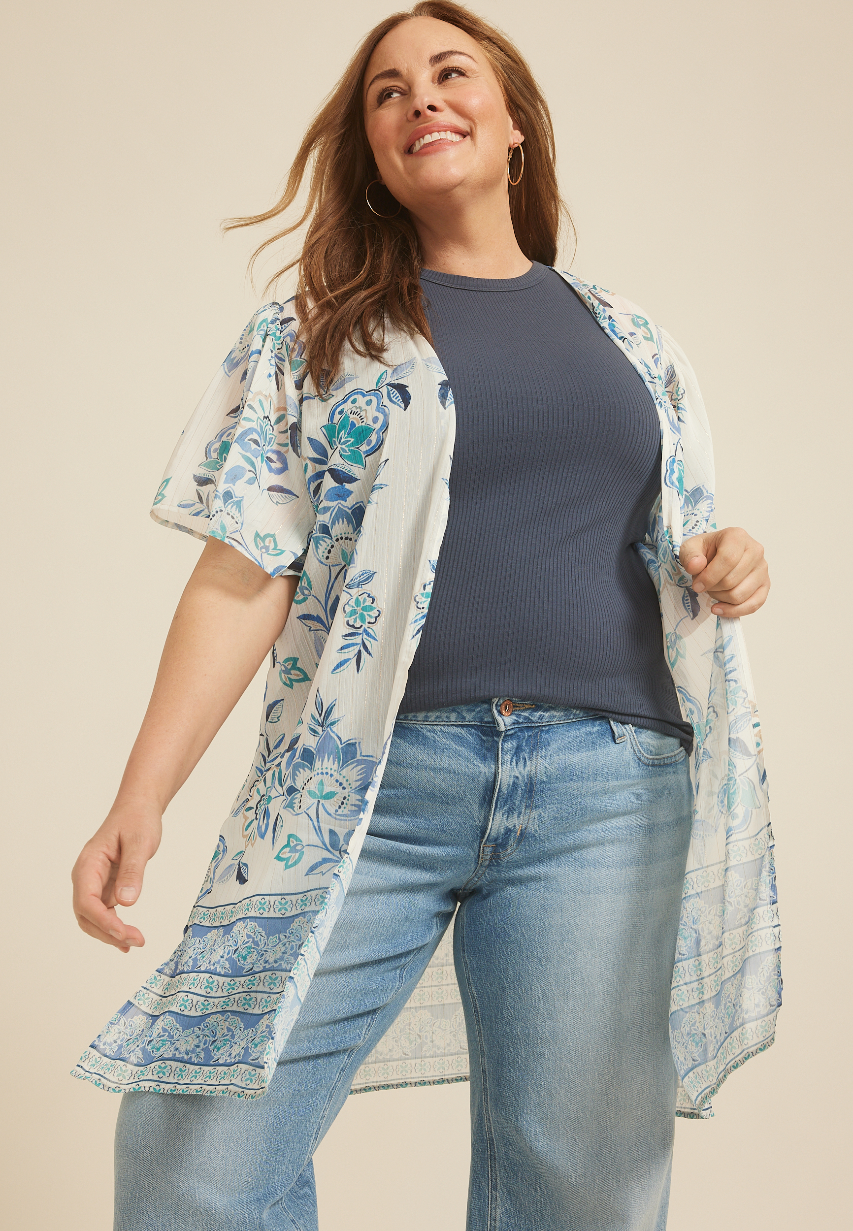 Plus Size Floral Border Kimono, C1772, large