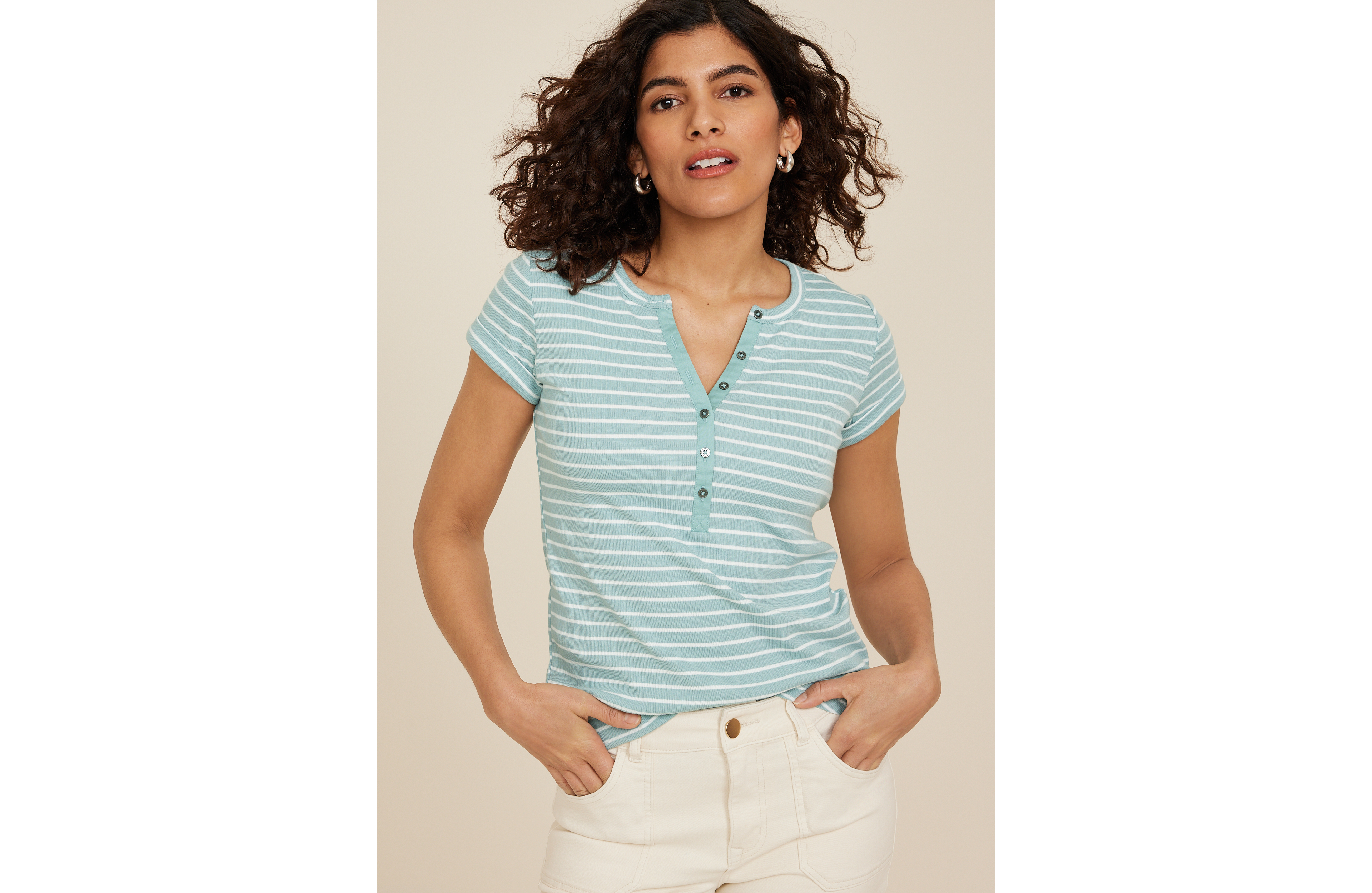 Striped Ribbed Henley Short Sleeve Tee