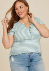 Plus Size Striped Ribbed Henley Short Sleeve Tee, ICED SPRUCE COMBO, small
