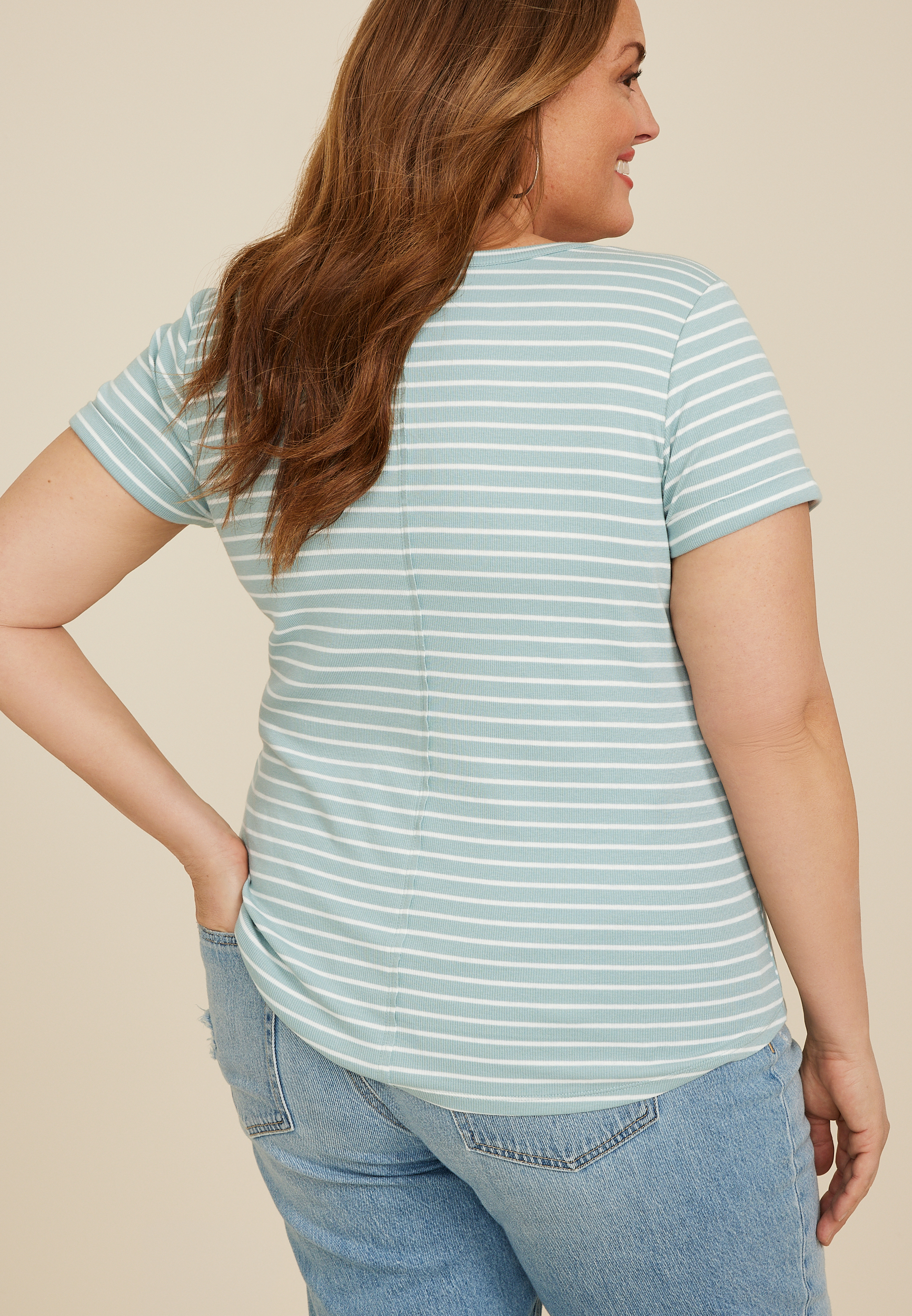 Plus Size Striped Ribbed Henley Short Sleeve Tee, ICED SPRUCE COMBO, large