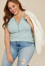 Plus Size Striped Ribbed Henley Short Sleeve Tee, ICED SPRUCE COMBO, small
