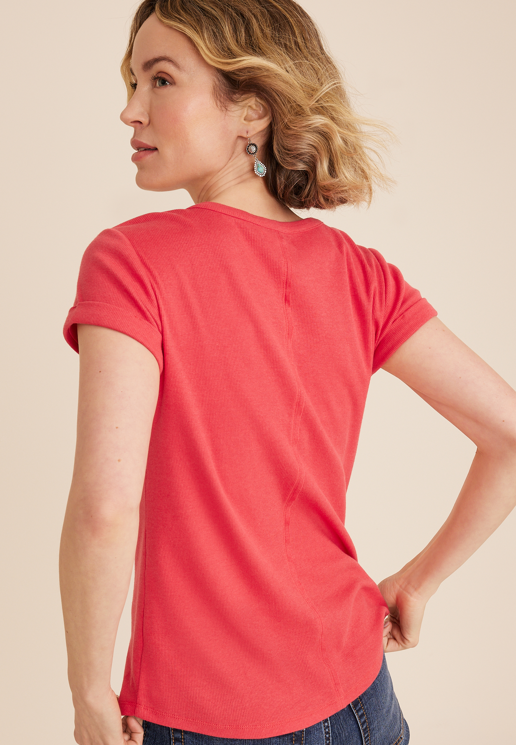 Ribbed Henley Short Sleeve Tee, C9148, large