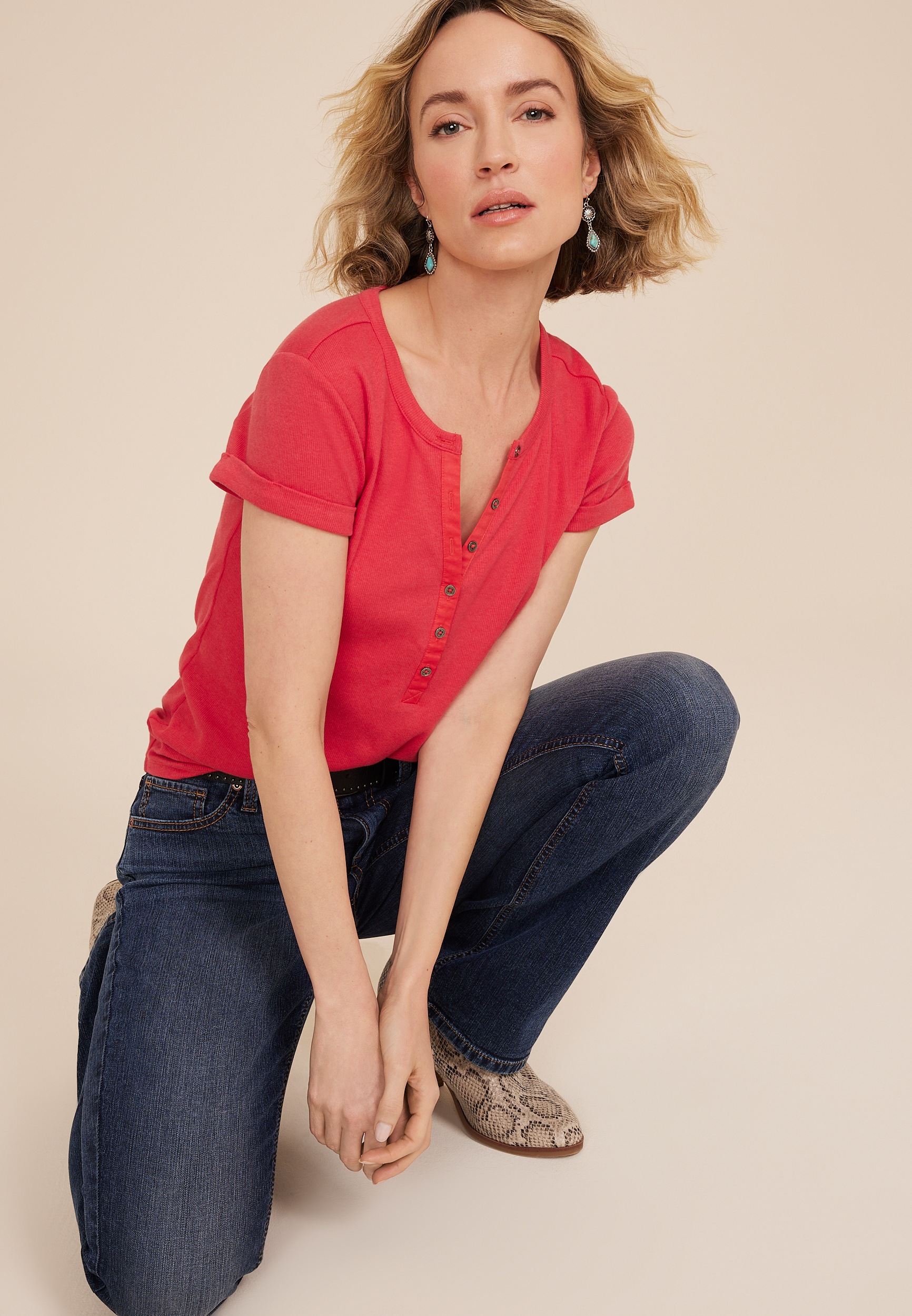 Ribbed Henley Short Sleeve Tee, C9148, large