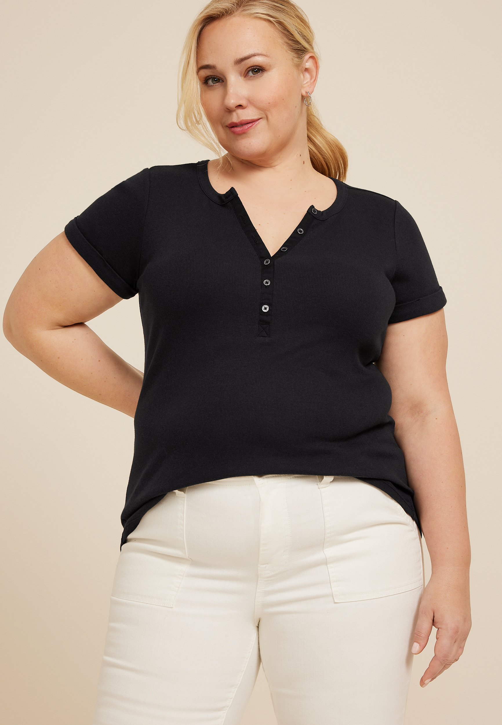 Plus Size Ribbed Henley Short Sleeve Tee