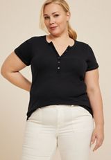 Plus Size Ribbed Henley Short Sleeve Tee, BLACK, small