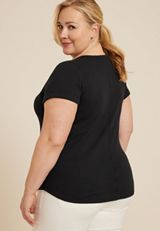 Plus Size Ribbed Henley Short Sleeve Tee, BLACK, small