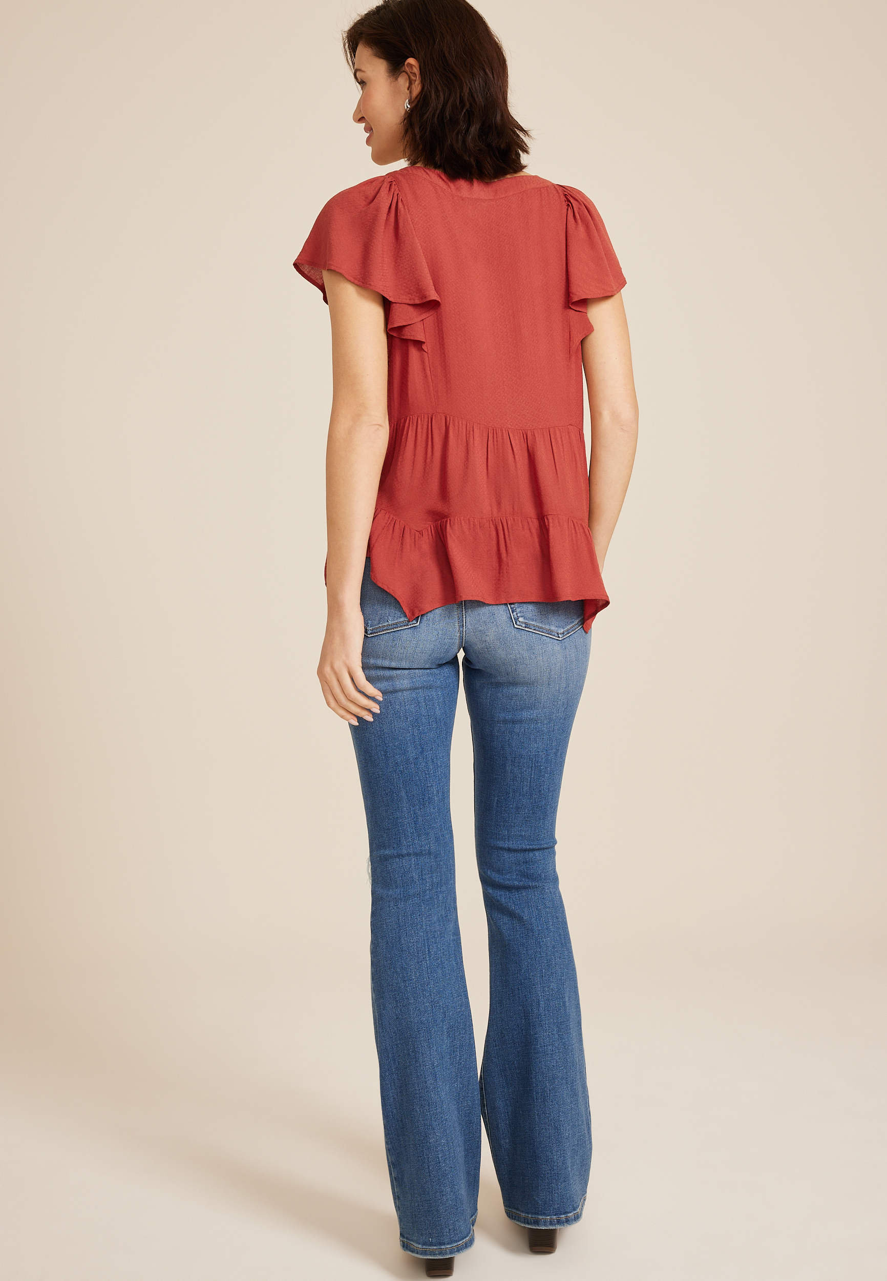 Flutter Sleeve V Neck Blouse, , large