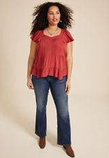 Plus Size Flutter Sleeve V Neck Blouse, , small