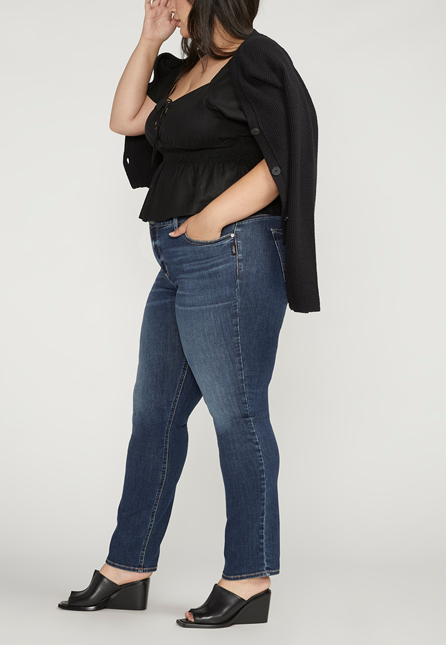 Plus Size Silver Jeans Co.&reg; Elyse Comfort Dark Mid Rise Straight Jean, DARK SANDBLAST, large