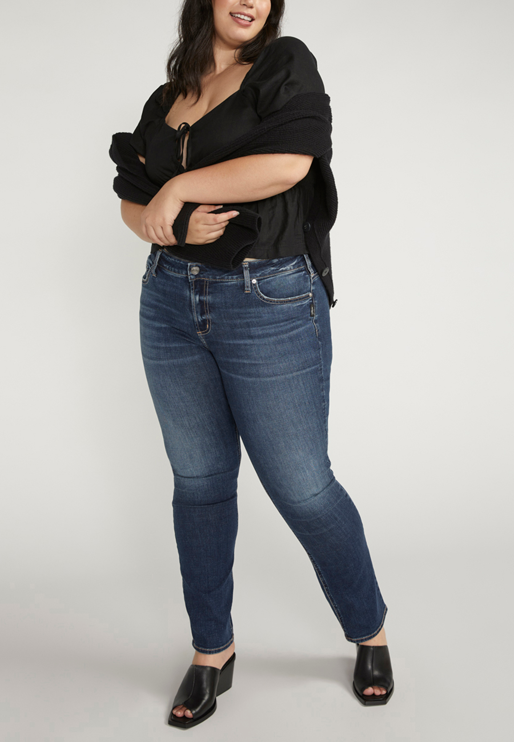 Plus Size Silver Jeans Co.&reg; Elyse Comfort Dark Mid Rise Straight Jean, DARK SANDBLAST, large