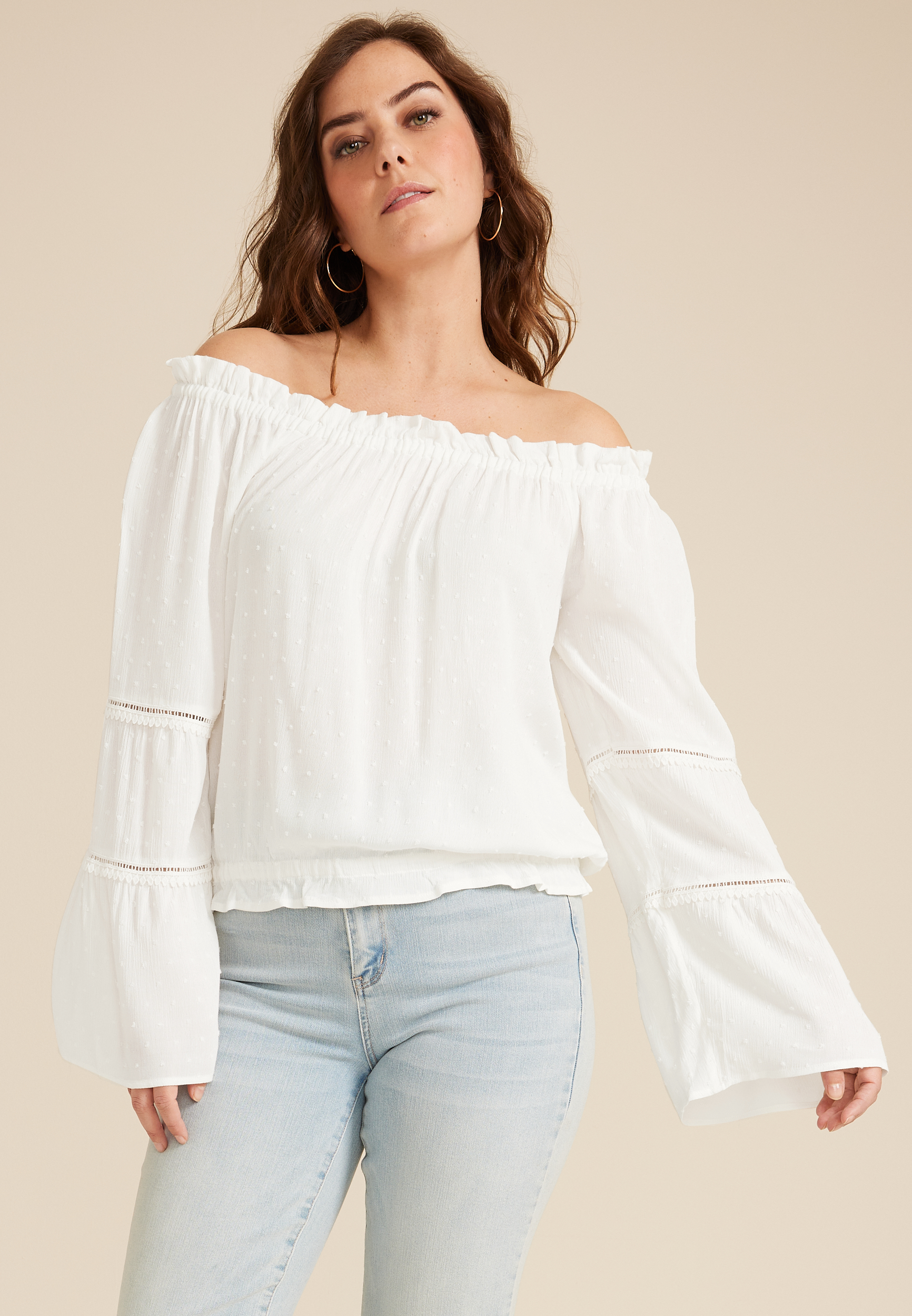 Clip Dot Smocked Off The Shoulder Top