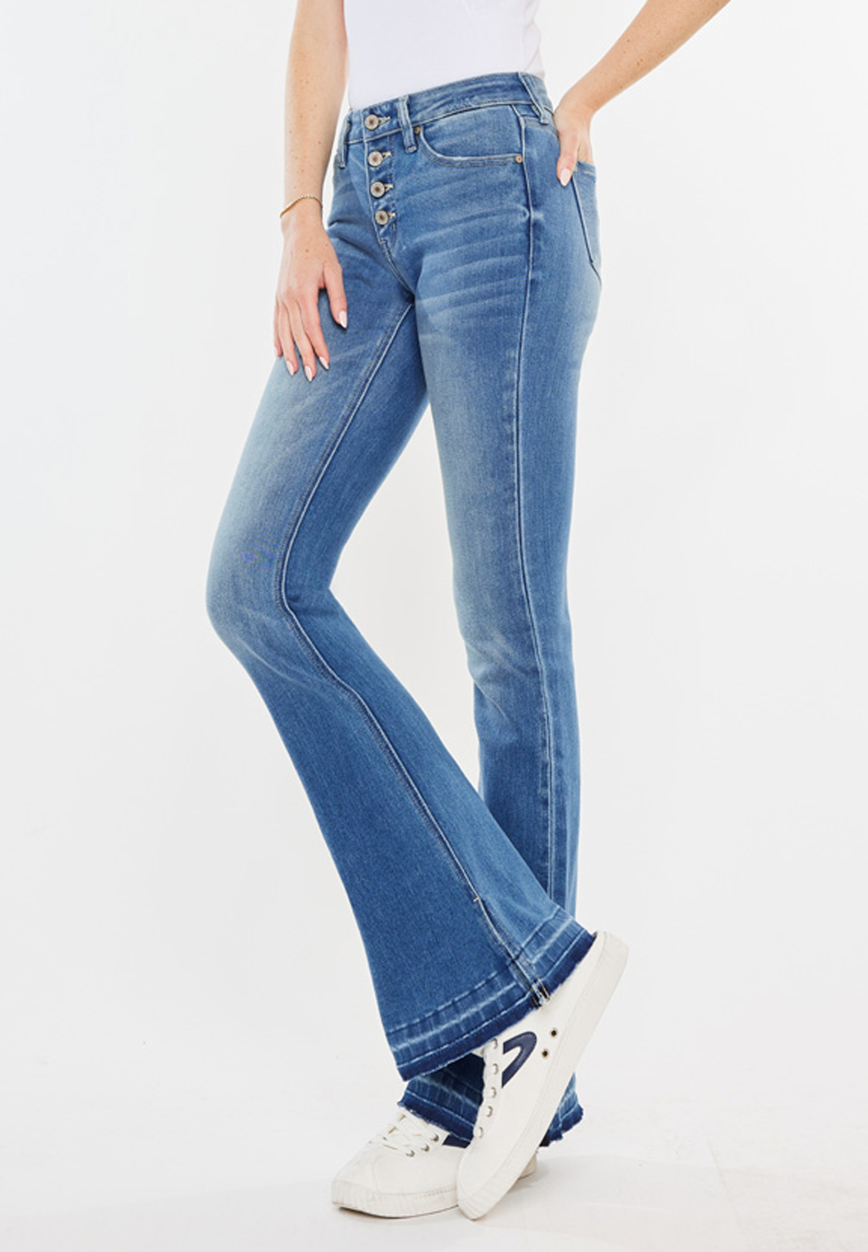 KanCan&trade; Mid Rise Buttonfly Split Hem Flare Jean, C3337, large
