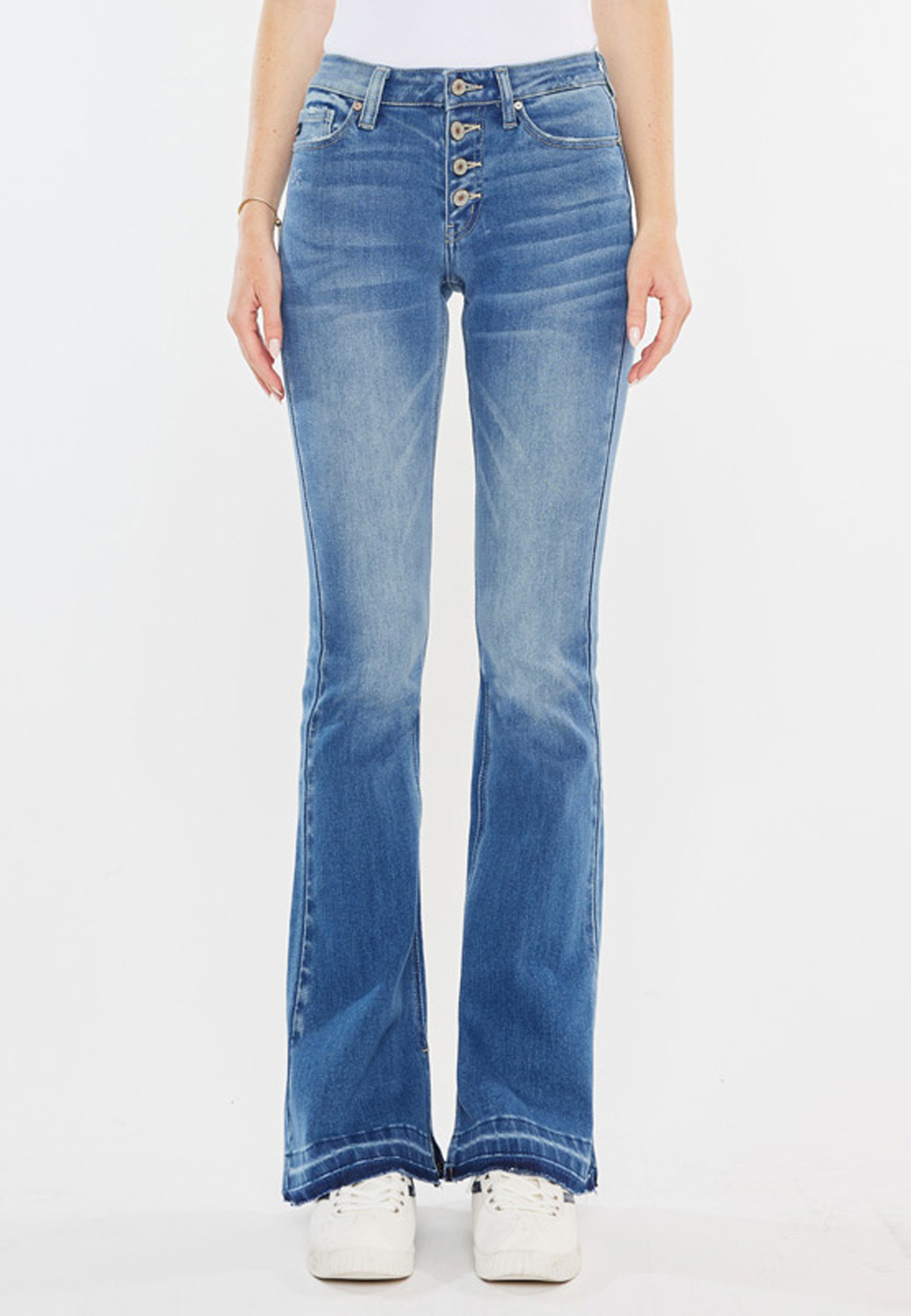 KanCan&trade; Mid Rise Buttonfly Split Hem Flare Jean, C3337, large