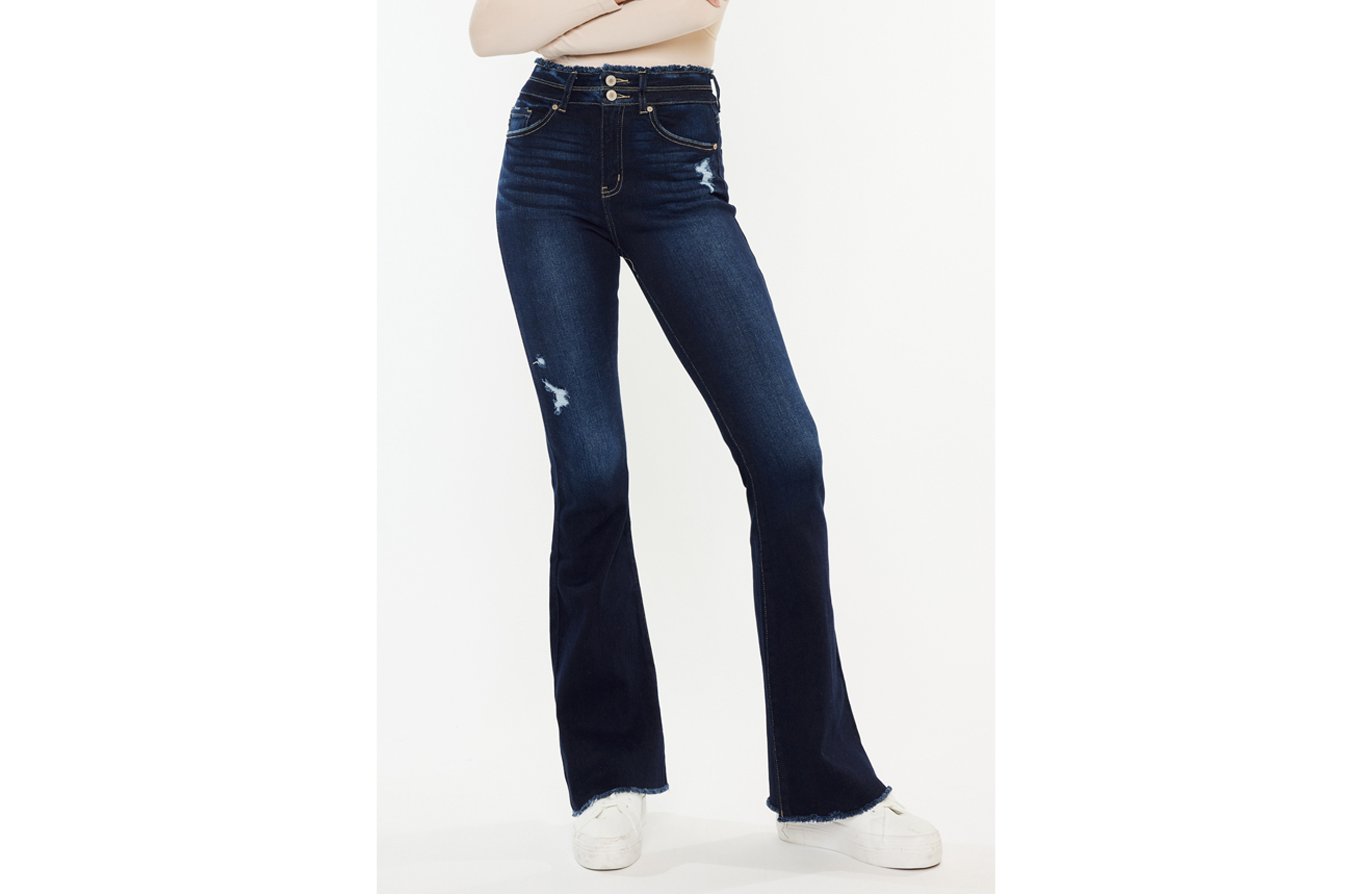 KanCan™ High Rise Double Button Fray Hem Flare Jean