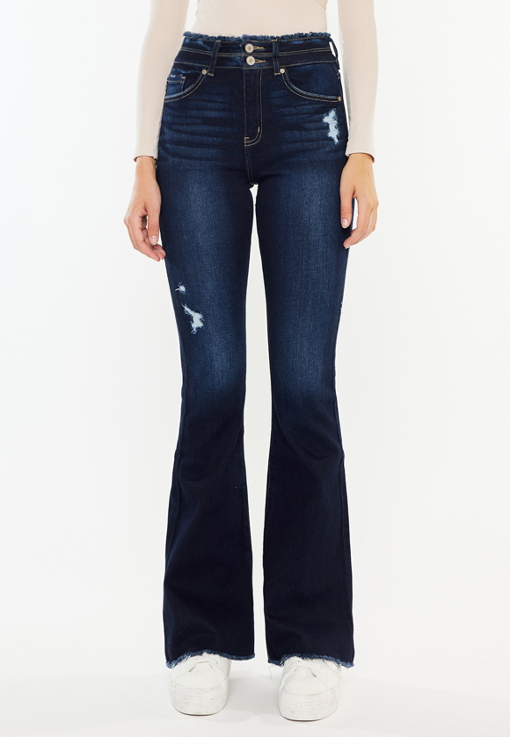 KanCan&trade; High Rise Double Button Fray Hem Flare Jean, C258, large