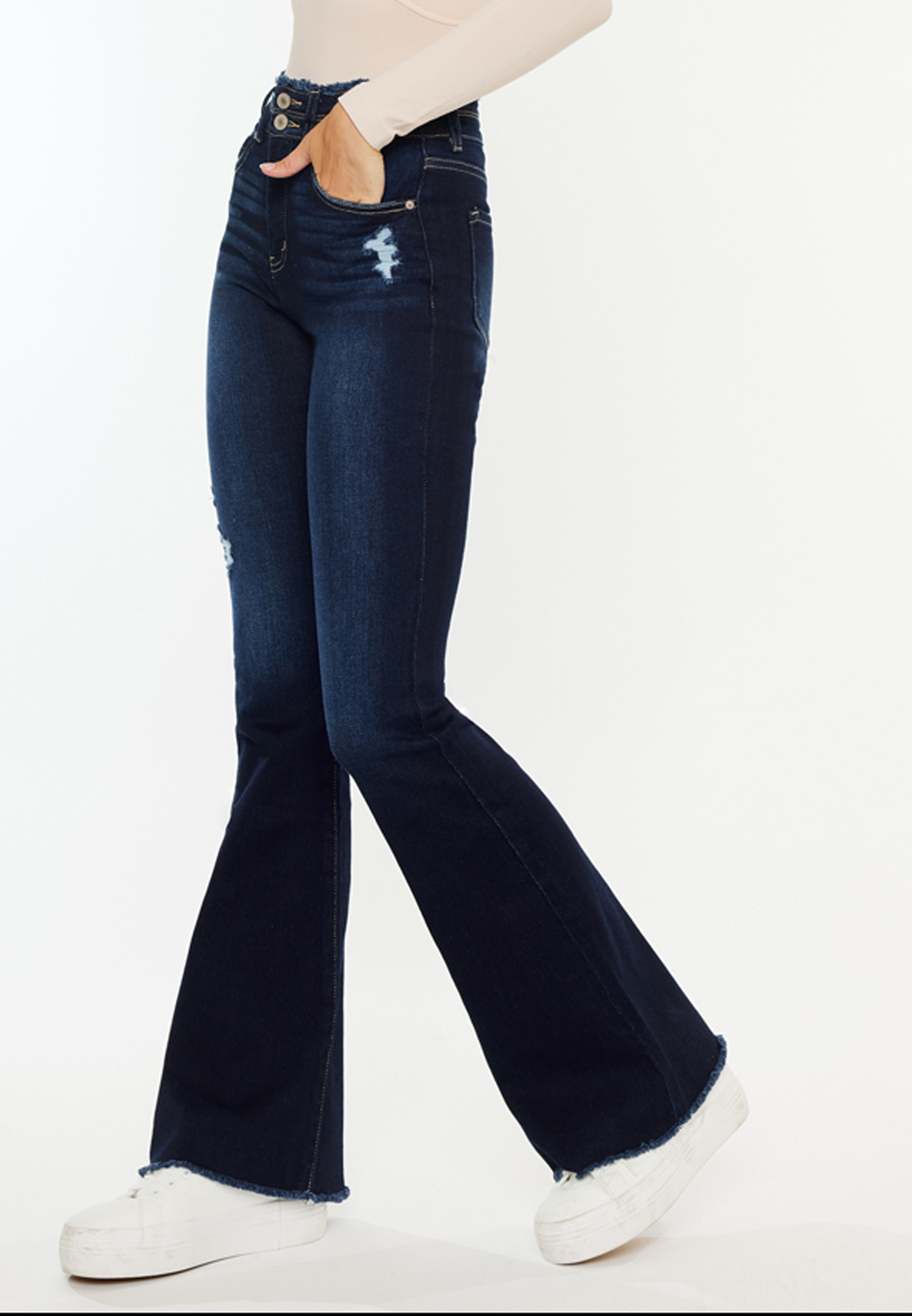 KanCan&trade; High Rise Double Button Fray Hem Flare Jean, C258, large