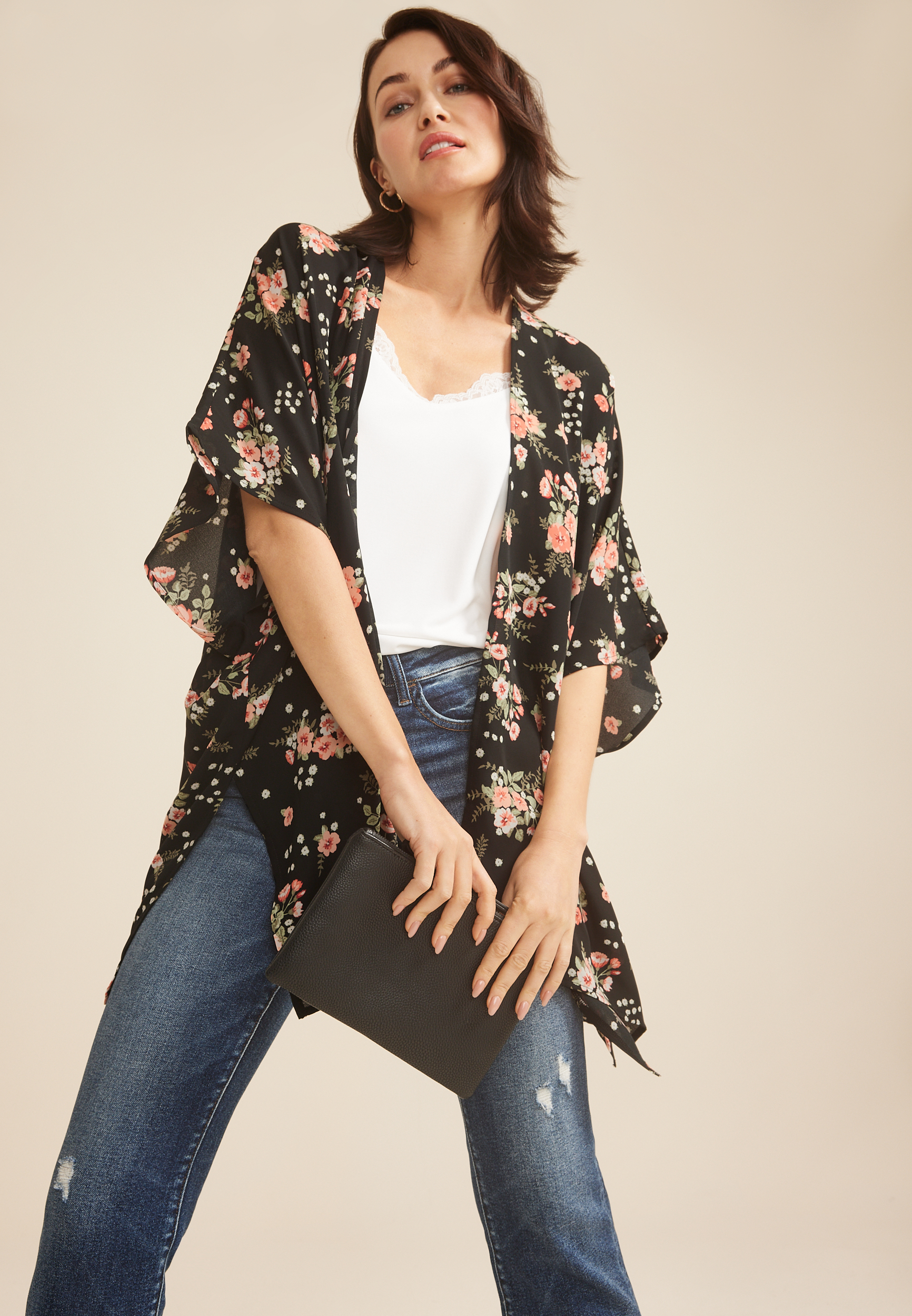 Black Floral Kimono, BLACK COMBO, large