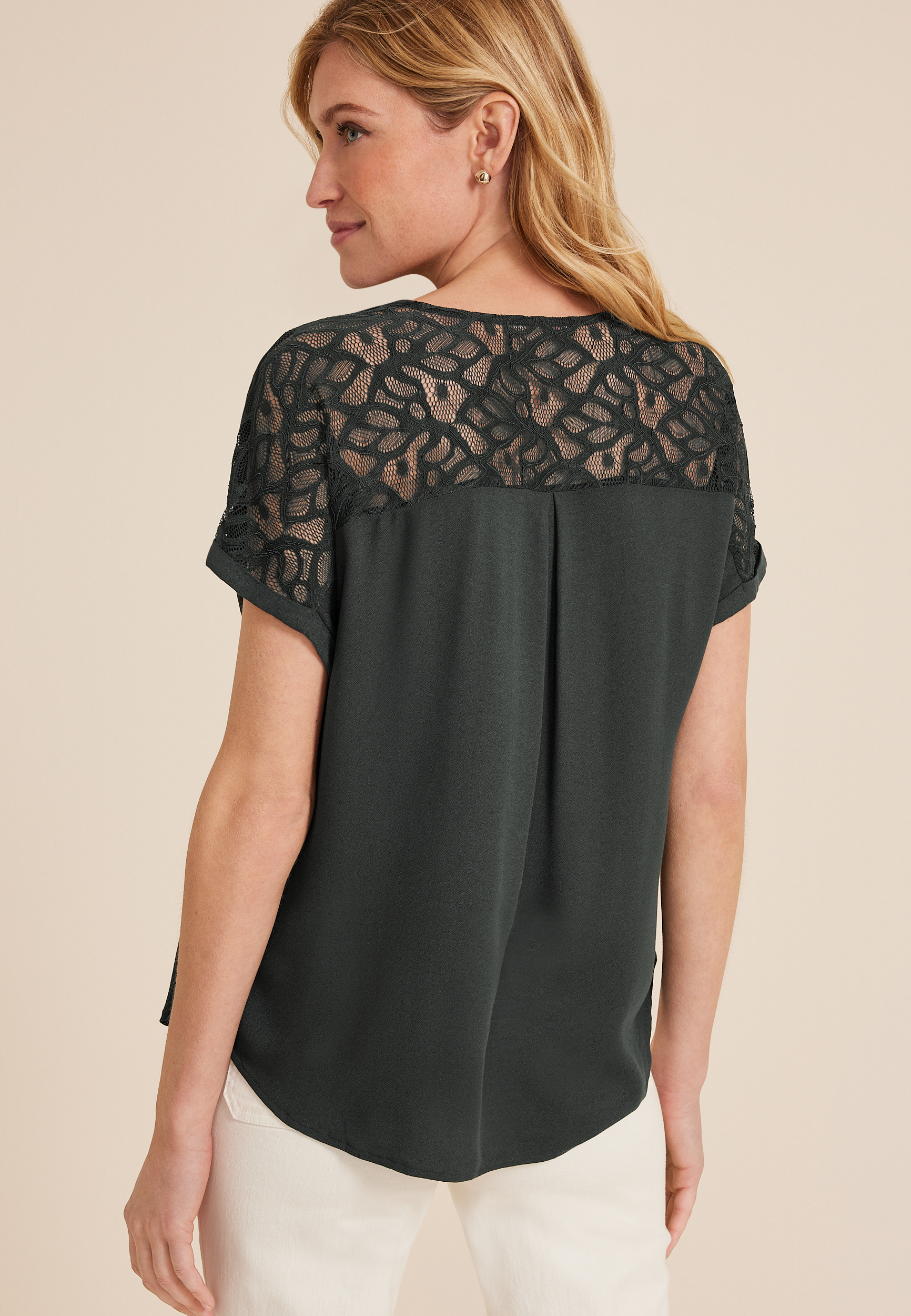 Lace Trim V Neck Dolman Tee, WASHED BLACK, large
