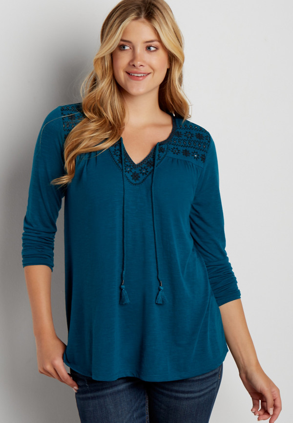 peasant top with embroidered yoke | maurices