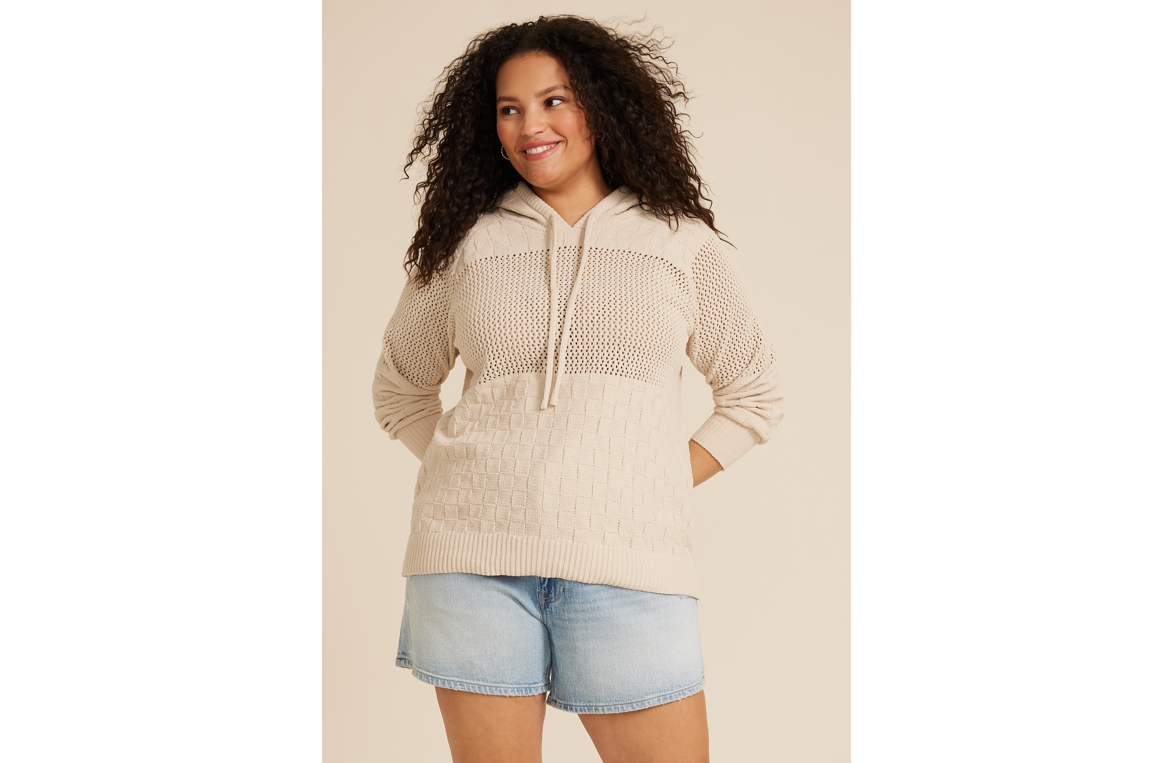 Plus Textured Stitch Hooded Sweater